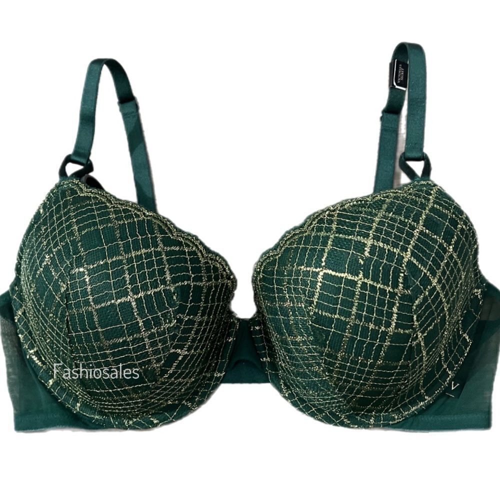 Victoria’s Secret Lightly Lined Metallic Lace bra green and gold